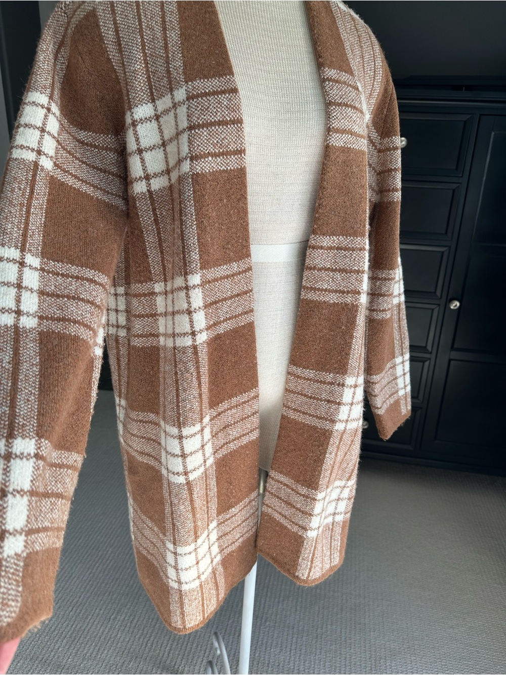 Talbots Plaid Open-Front Cardigan brown and cream size large - Picture 3 of 12